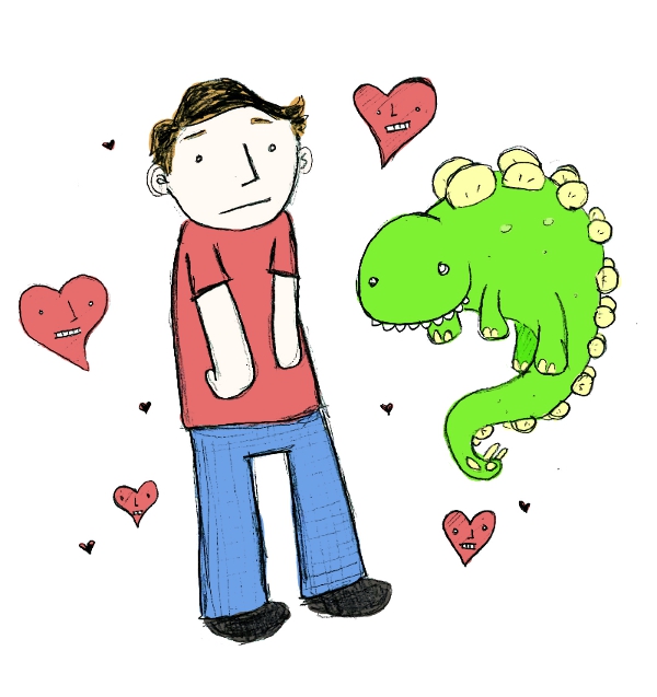Floating dinosaur and heats with faces and a dude